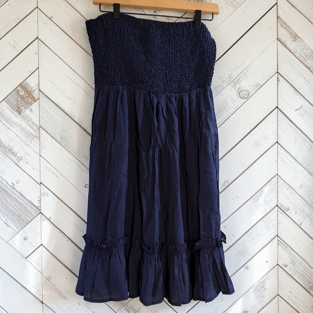SHEIN Strapless Smocked Midi Dress Navy Boho Ruffle Hem Size L - Picture 1 of 6